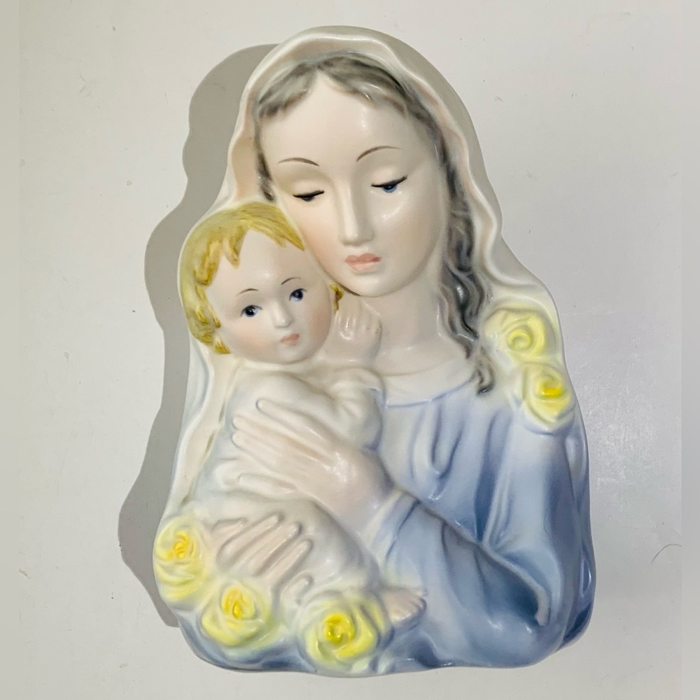 Vintage Virgin Mother Mary Baby Jesus Decor Porcelain Pottery Planter 7.5"